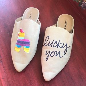 Lucky Brand slip on shoes. With llama and “lucky you” Size 8M/38